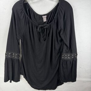 Womens Black Bell Sleeve Lace Up Blouse Goth Dark Pirate Renaissance Witchy Sz M